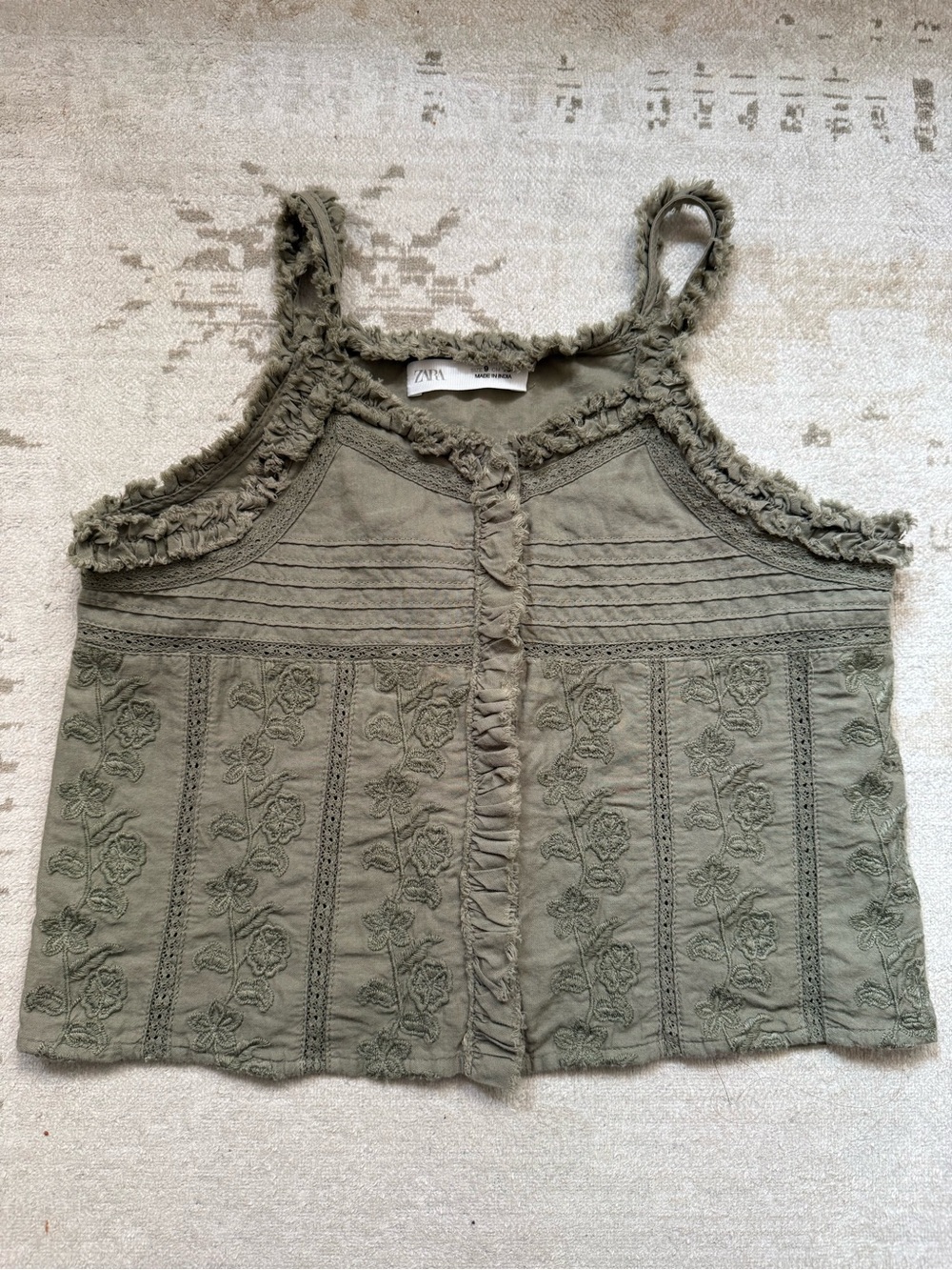 Zara Girls Size 9 Sage Green Floral Embroidered Boho Tank Top